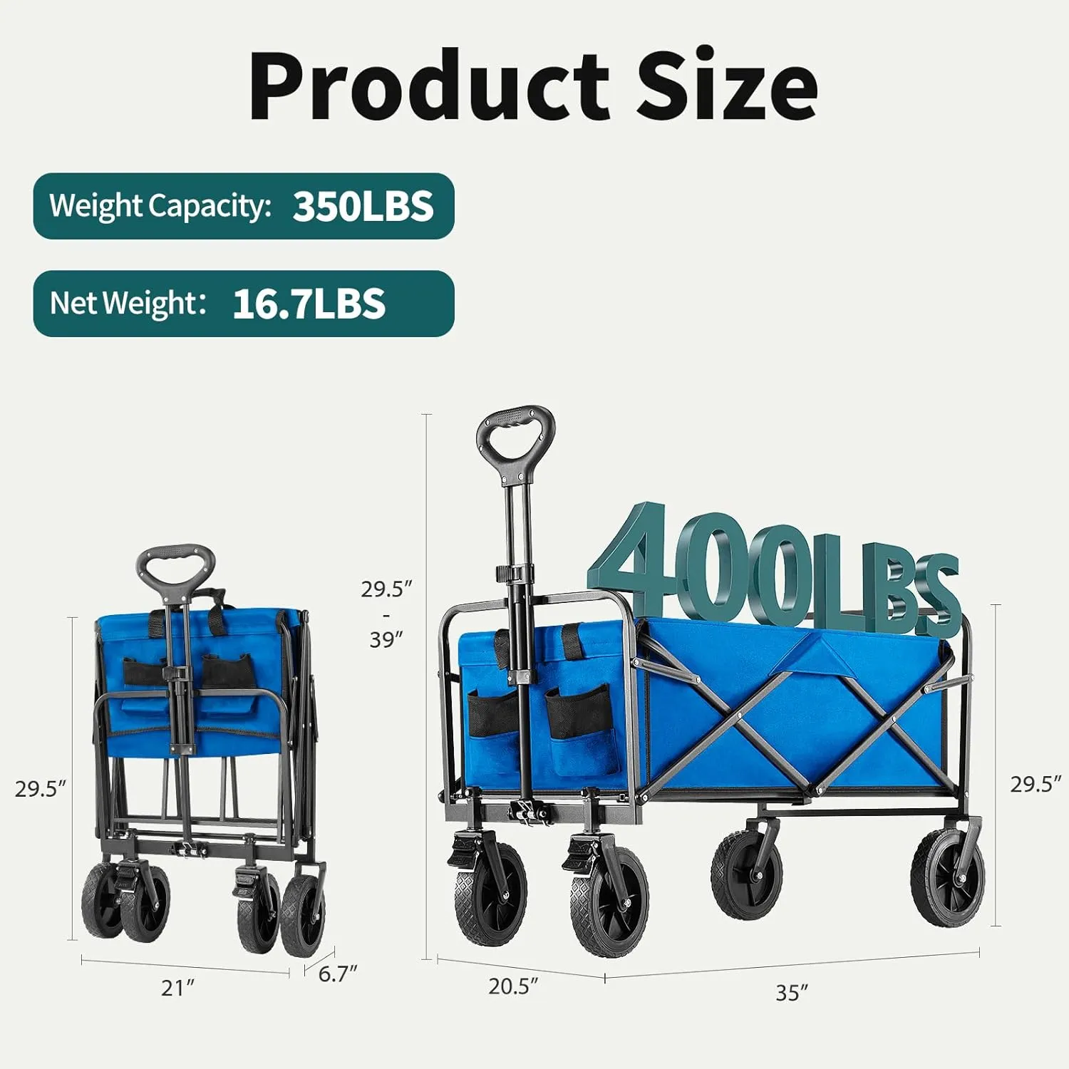 Collapsible Wagon Cart Foldable, 35" L Folding Beach Wagon with All-Terrain Wheels, Shopping Cart with 350lbs Capacity, Portable Camping Wagons Carts for Grocery Garden and Sports, Modern Blue
