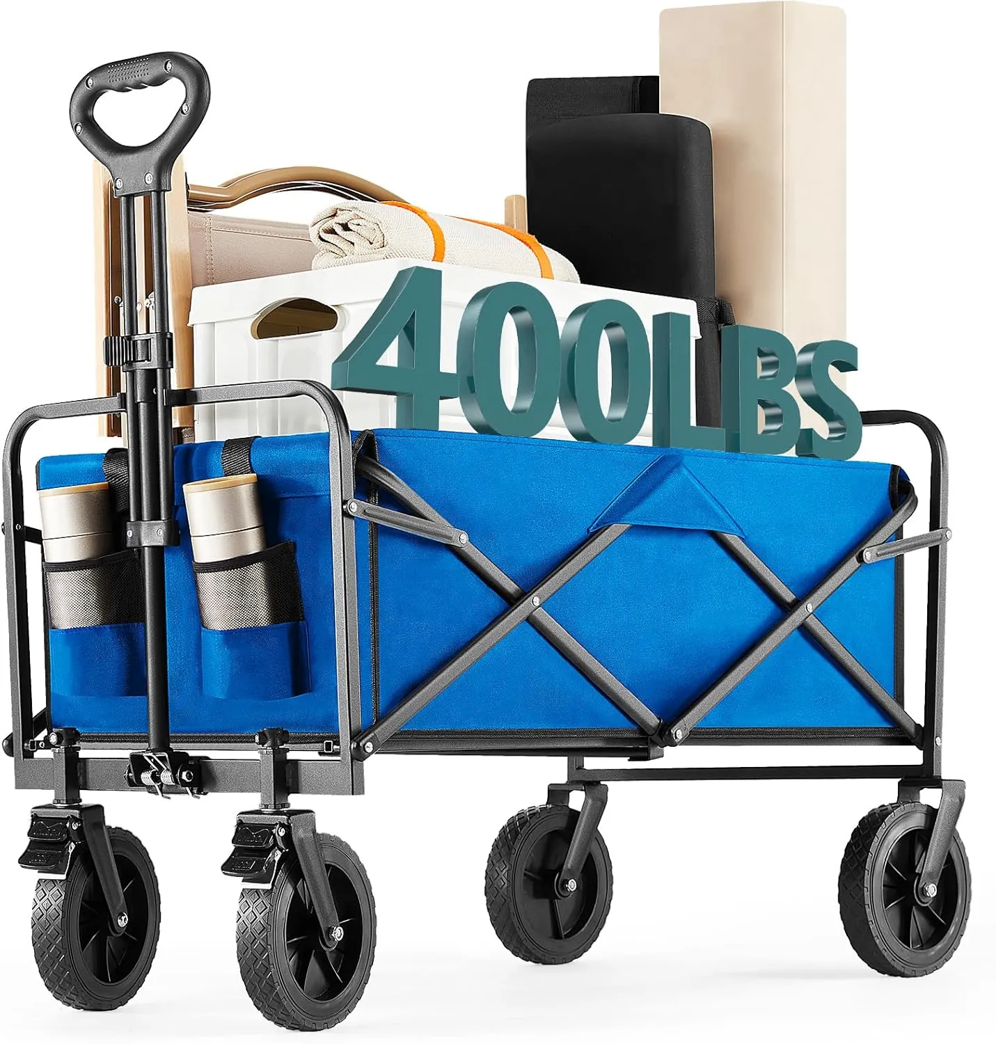 Collapsible Wagon Cart Foldable, 35" L Folding Beach Wagon with All-Terrain Wheels, Shopping Cart with 350lbs Capacity, Portable Camping Wagons Carts for Grocery Garden and Sports, Modern Blue