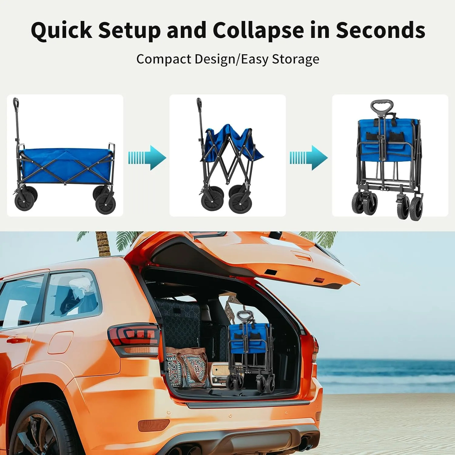 Collapsible Wagon Cart Foldable, 35" L Folding Beach Wagon with All-Terrain Wheels, Shopping Cart with 350lbs Capacity, Portable Camping Wagons Carts for Grocery Garden and Sports, Modern Blue