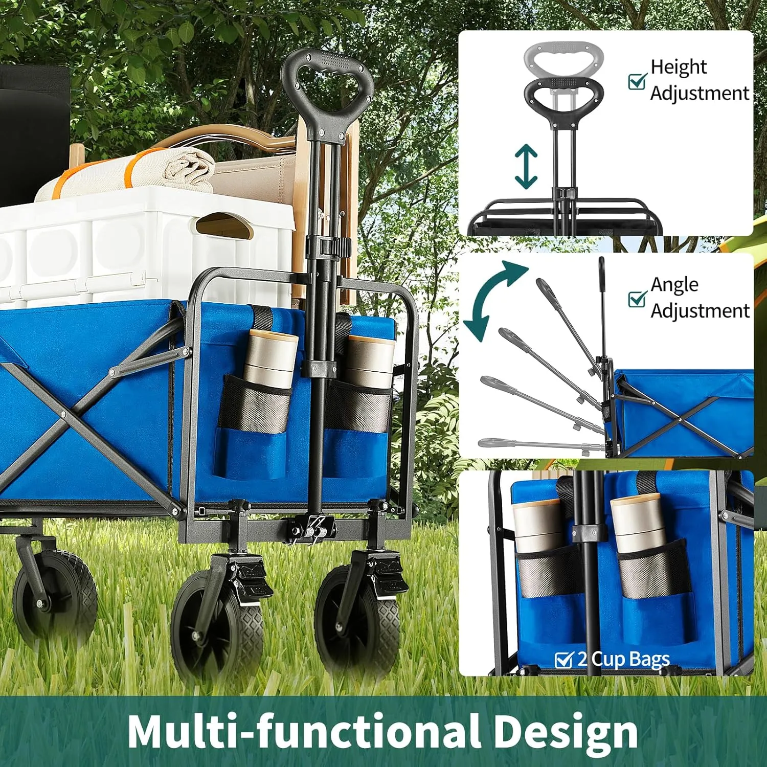 Collapsible Wagon Cart Foldable, 35" L Folding Beach Wagon with All-Terrain Wheels, Shopping Cart with 350lbs Capacity, Portable Camping Wagons Carts for Grocery Garden and Sports, Modern Blue