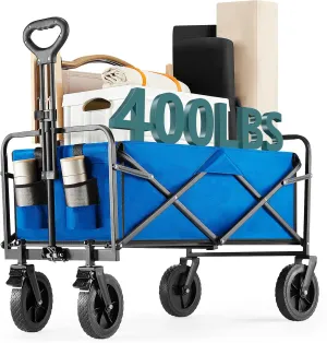 Collapsible Wagon Cart Foldable, 35" L Folding Beach Wagon with All-Terrain Wheels, Shopping Cart with 350lbs Capacity, Portable Camping Wagons Carts for Grocery Garden and Sports, Modern Blue