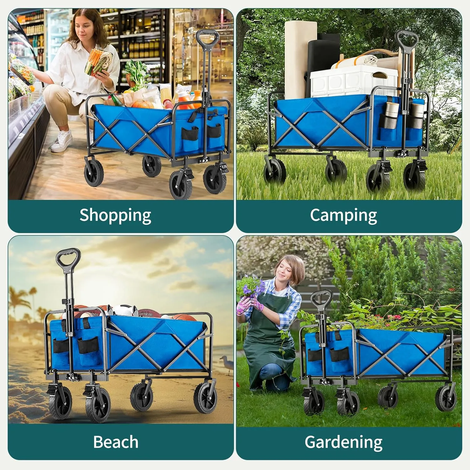 Collapsible Wagon Cart Foldable, 35" L Folding Beach Wagon with All-Terrain Wheels, Shopping Cart with 350lbs Capacity, Portable Camping Wagons Carts for Grocery Garden and Sports, Modern Blue