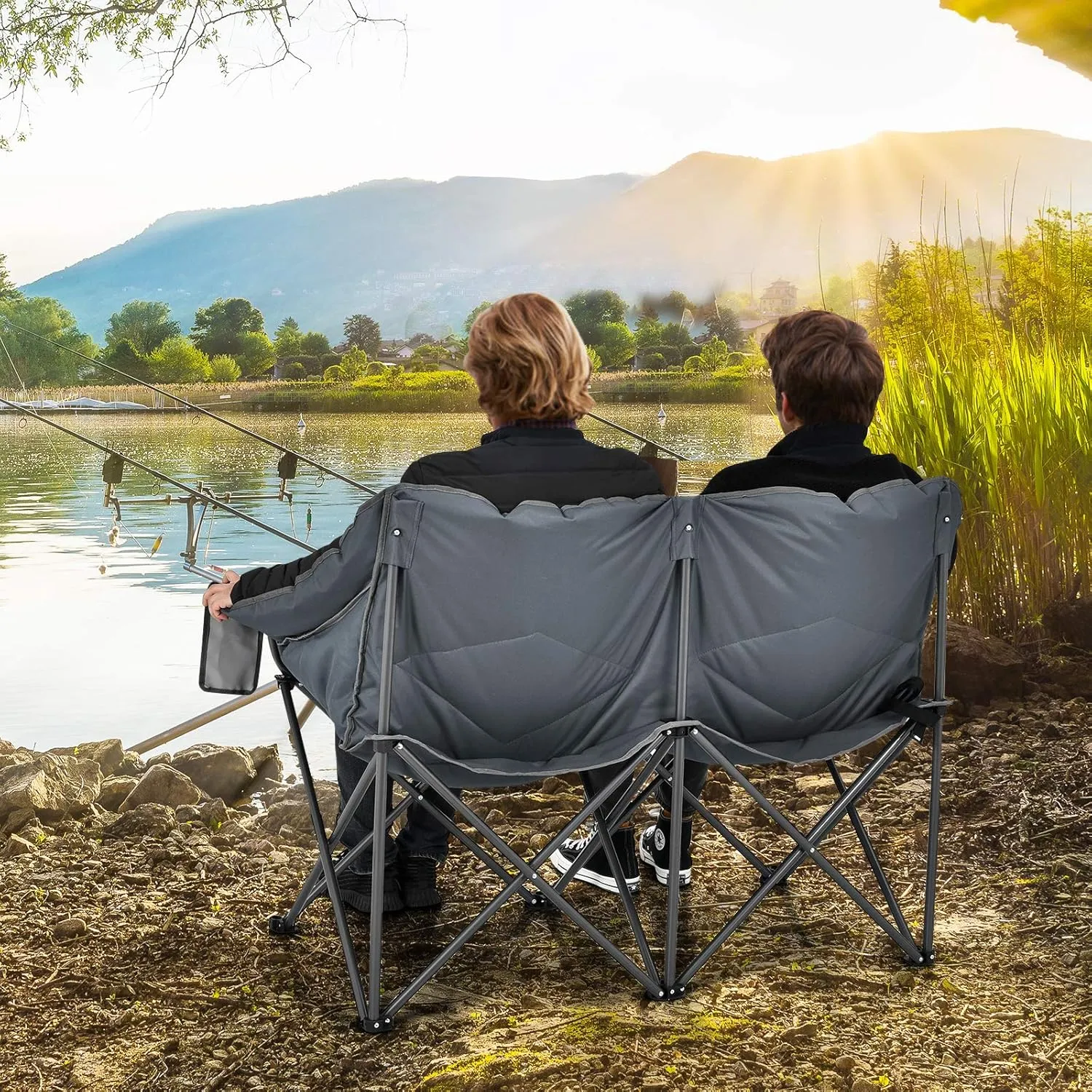 COSTWAY Double Camping Chair, 2 Person Folding Camping Chair for Adults Padded High Backrest, Storage Bags, Camping Loveseat for Picnic, Fishing, Grey