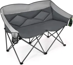 COSTWAY Double Camping Chair, 2 Person Folding Camping Chair for Adults Padded High Backrest, Storage Bags, Camping Loveseat for Picnic, Fishing, Grey