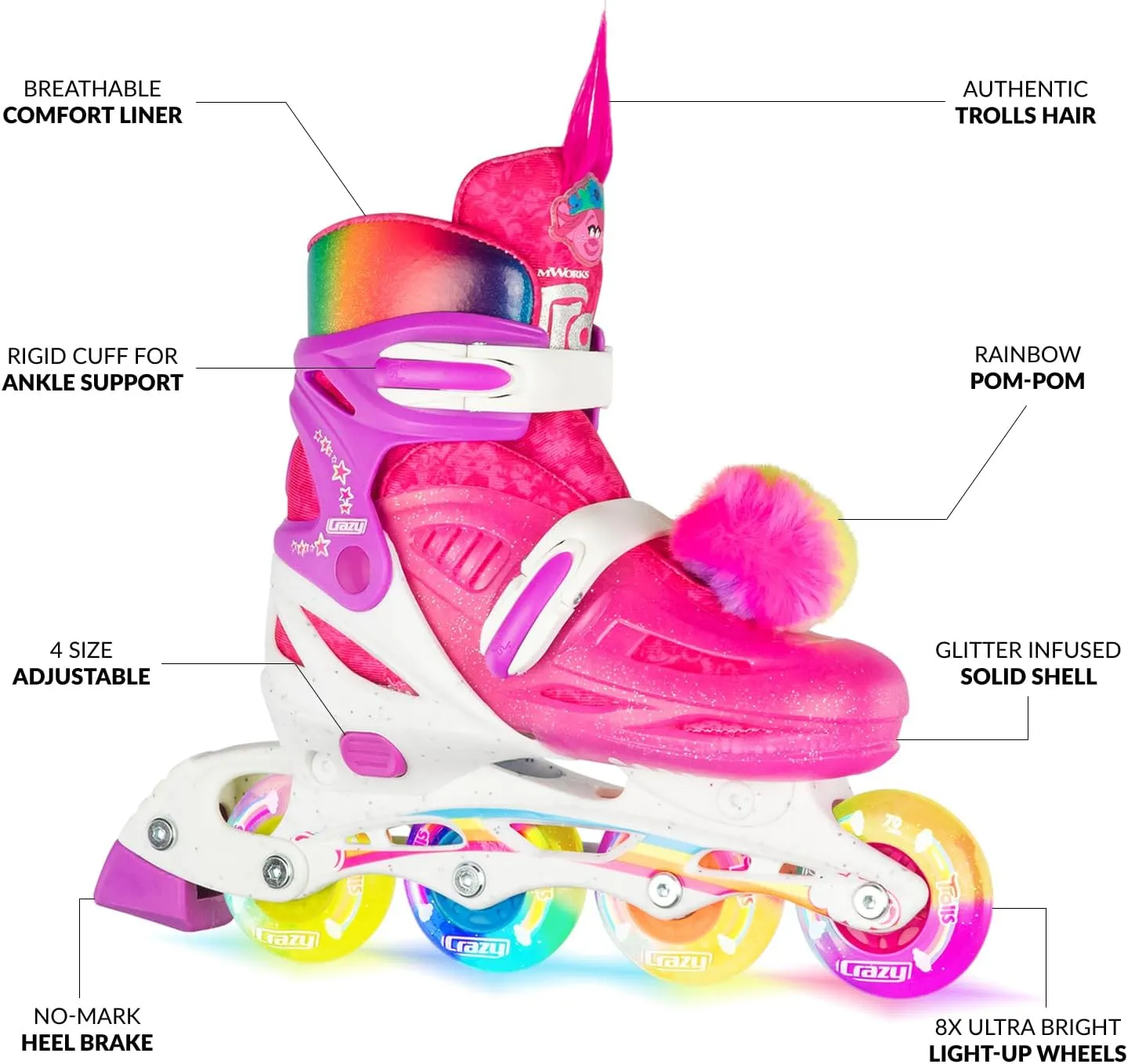 Crazy Skates Adjustable Inline Skates Adjusts to fit Across Four Show Sizes