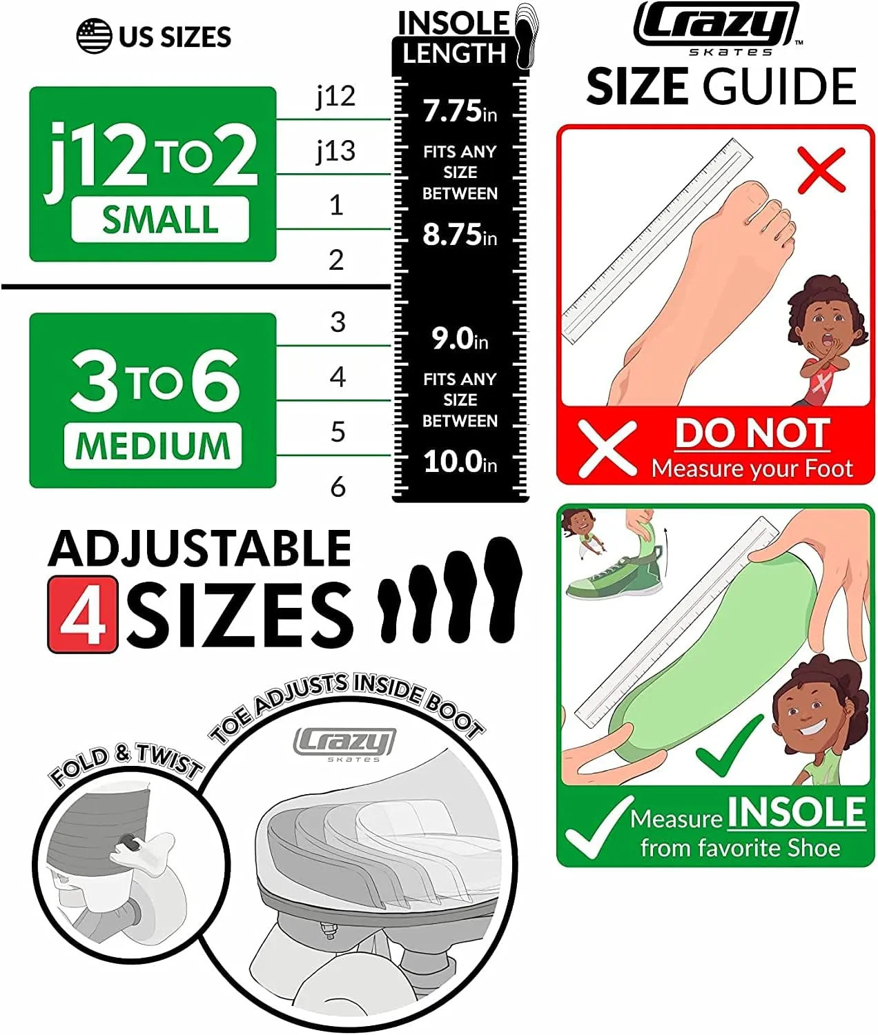 Crazy Skates Adjustable Inline Skates Adjusts to fit Across Four Show Sizes