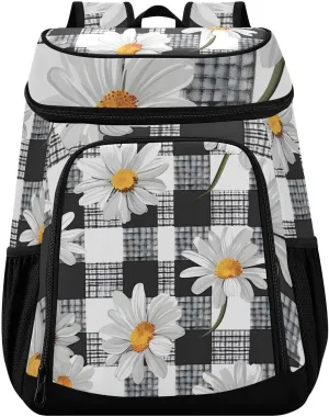 Daisies Black and White Buffalo Plaid Cooler Backpack Cooler Insulated Leak Proof Lunch Backpack 36 Cans Waterproof Soft for Men Women Picnic Hiking Camping Beach
