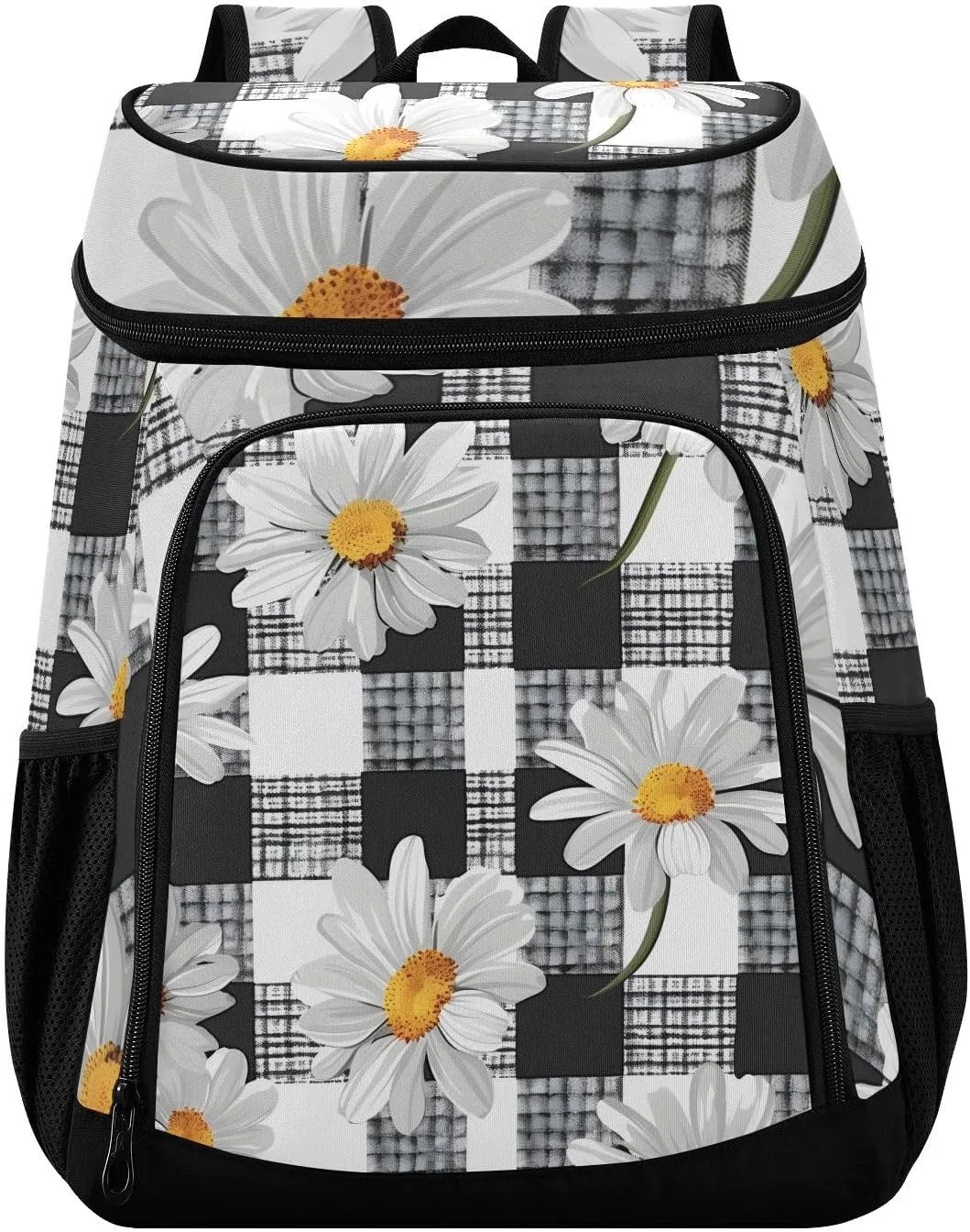 Daisies Black and White Buffalo Plaid Cooler Backpack Cooler Insulated Leak Proof Lunch Backpack 36 Cans Waterproof Soft for Men Women Picnic Hiking Camping Beach