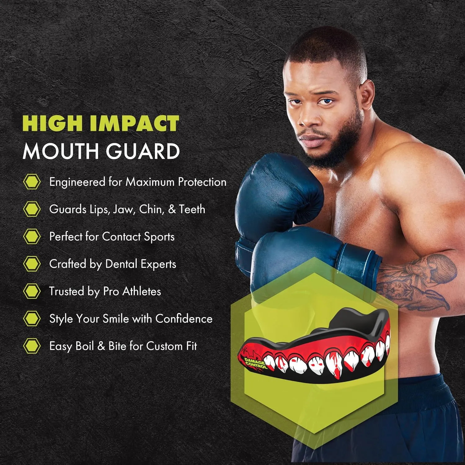 DAMAGE CONTROL High-Impact Mouth Guard – Sports Mouthguard for Boxing, Football, Hockey, Lacrosse & Basketball, Protects Teeth & Jaw, Protective Mouthpiece for Adults & Youth
