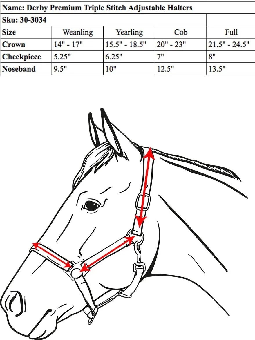 Derby Originals Triple Stitched Double Layer Premium Leather Adjustable Horse Halter with Throat Snap for Easy Taking Off
