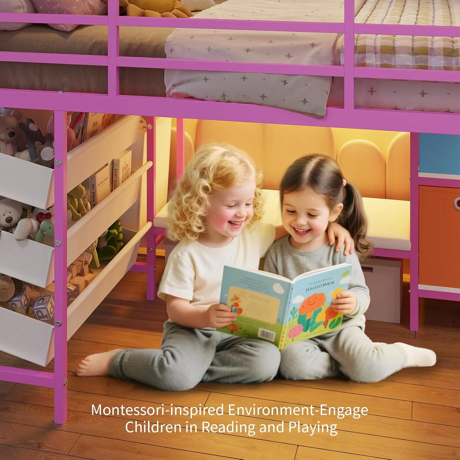 DICTAC Low Twin Size Loft Bed with Reading Corner and Bookshelf,Metal Twin Loft Bed with LED Lights,3 Sling Drawers&2 Movable Storage Bins,loft bed for Kids with 13.98"H Safety Guardrail & Stairs,Pink