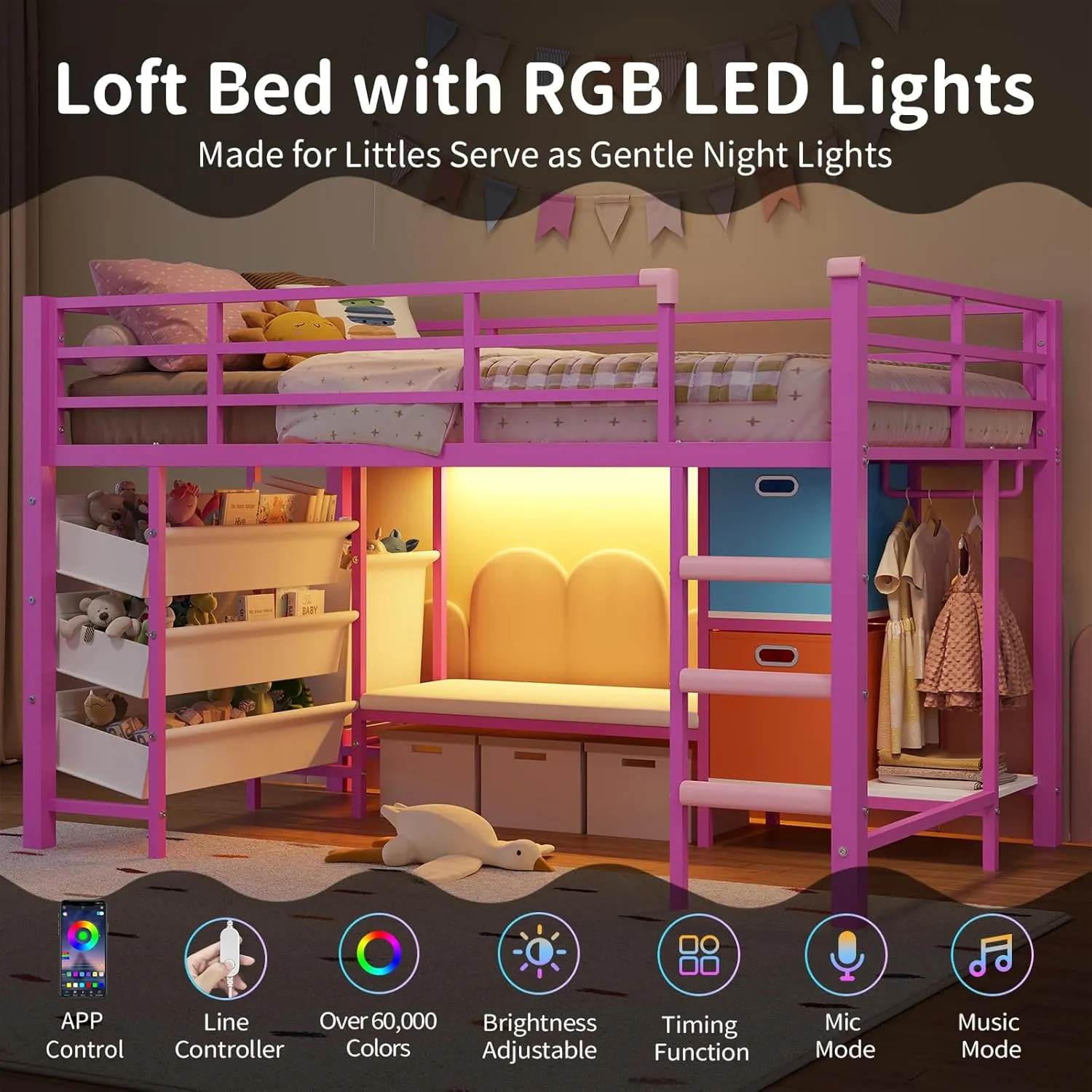 DICTAC Low Twin Size Loft Bed with Reading Corner and Bookshelf,Metal Twin Loft Bed with LED Lights,3 Sling Drawers&2 Movable Storage Bins,loft bed for Kids with 13.98"H Safety Guardrail & Stairs,Pink