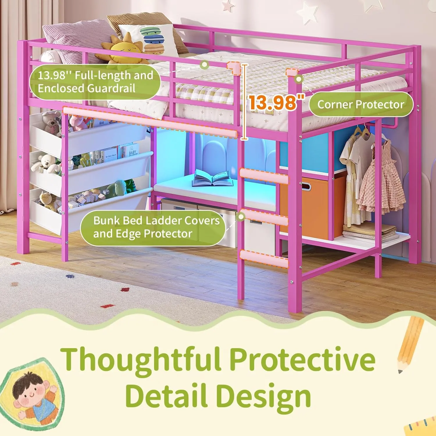 DICTAC Low Twin Size Loft Bed with Reading Corner and Bookshelf,Metal Twin Loft Bed with LED Lights,3 Sling Drawers&2 Movable Storage Bins,loft bed for Kids with 13.98"H Safety Guardrail & Stairs,Pink