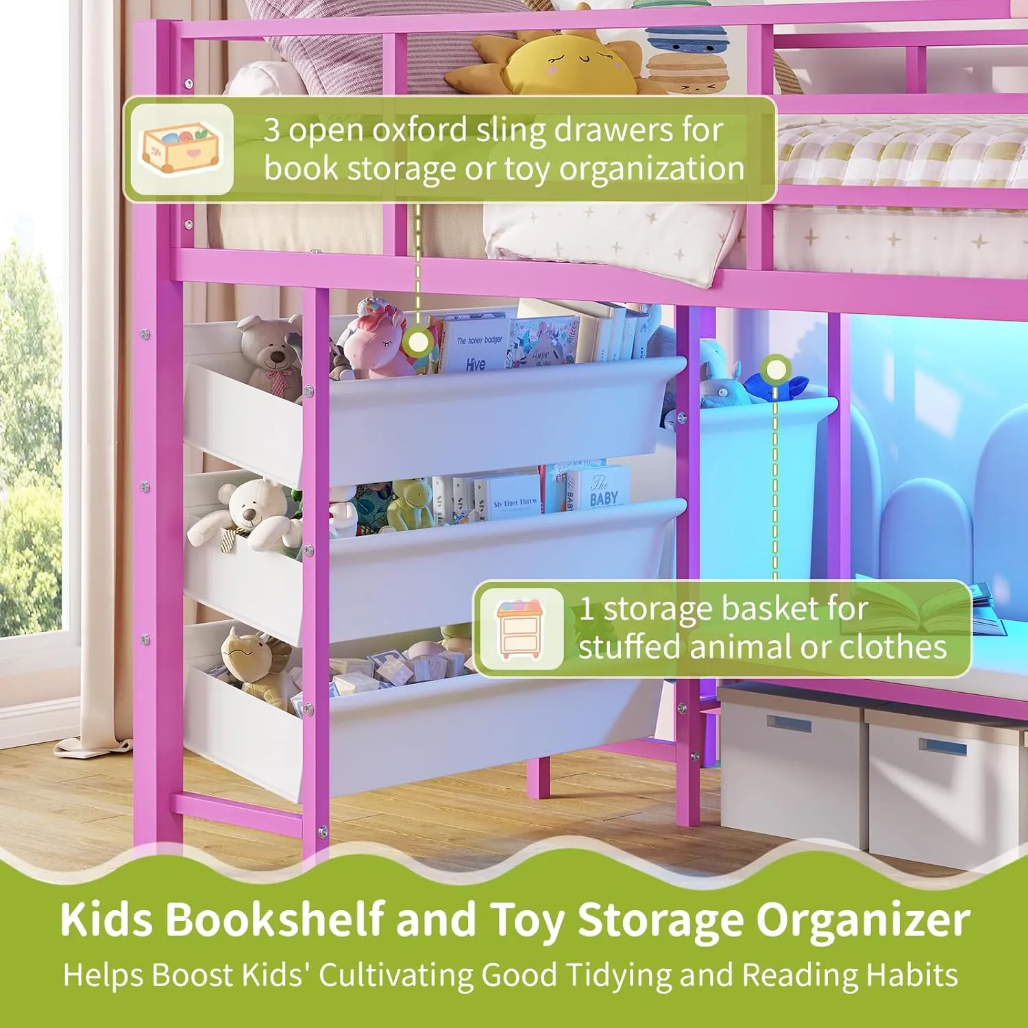 DICTAC Low Twin Size Loft Bed with Reading Corner and Bookshelf,Metal Twin Loft Bed with LED Lights,3 Sling Drawers&2 Movable Storage Bins,loft bed for Kids with 13.98"H Safety Guardrail & Stairs,Pink