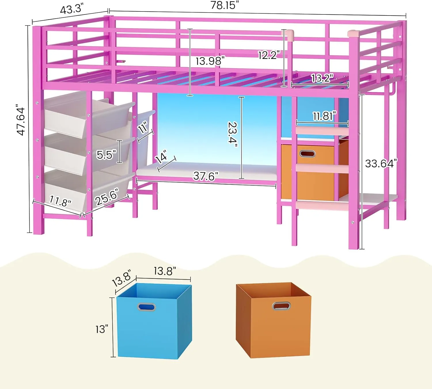 DICTAC Low Twin Size Loft Bed with Reading Corner and Bookshelf,Metal Twin Loft Bed with LED Lights,3 Sling Drawers&2 Movable Storage Bins,loft bed for Kids with 13.98"H Safety Guardrail & Stairs,Pink