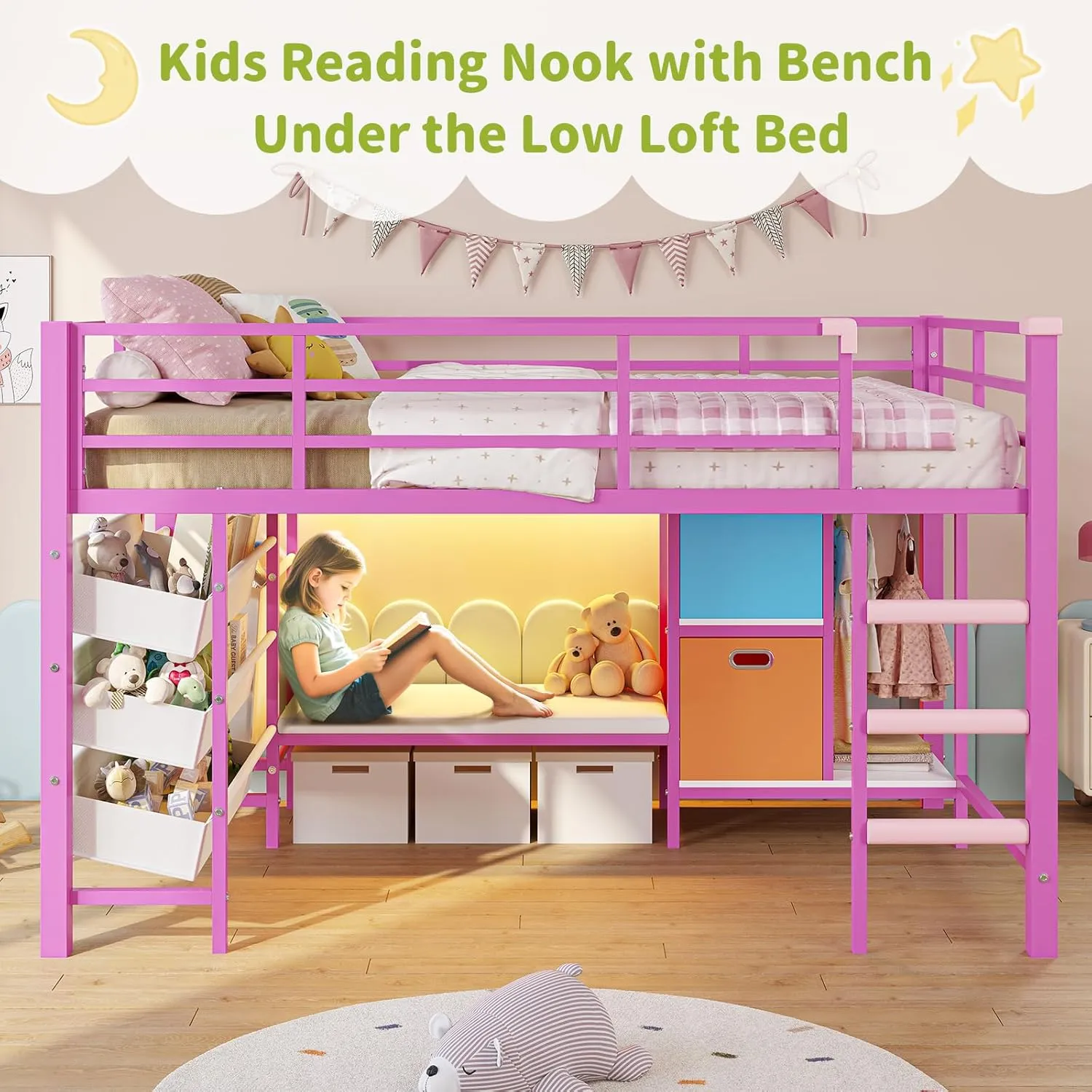 DICTAC Low Twin Size Loft Bed with Reading Corner and Bookshelf,Metal Twin Loft Bed with LED Lights,3 Sling Drawers&2 Movable Storage Bins,loft bed for Kids with 13.98"H Safety Guardrail & Stairs,Pink