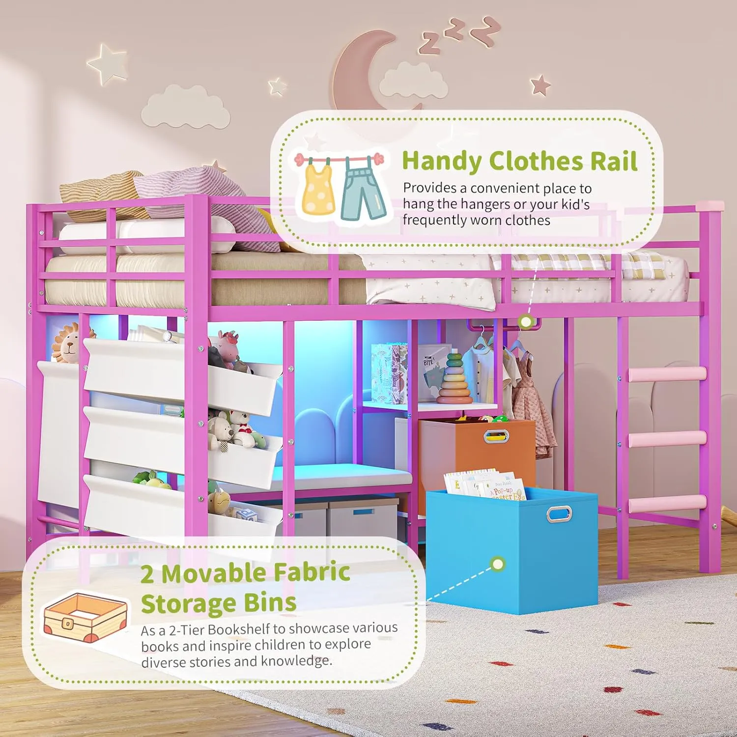 DICTAC Low Twin Size Loft Bed with Reading Corner and Bookshelf,Metal Twin Loft Bed with LED Lights,3 Sling Drawers&2 Movable Storage Bins,loft bed for Kids with 13.98"H Safety Guardrail & Stairs,Pink