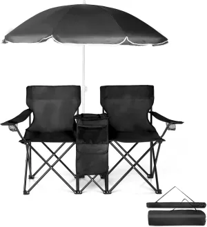 Double Camping Chair with Removable Sun Umbrella,Portable 2-Seat Folding Chair with Carrying Bag,Outdoor Beach Chair with Cup Holder/Cooler Bag,Camping Chair with Canopy/Mini Table,Up to 256 Lbs