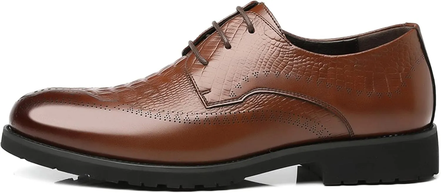 Dress Formal Shoes for Men Lace Up Crocodile Embossed Derby Shoes Brogues Burnish Round Toe Vegan Leather Non Slip Anti-Slip Rubber Sole Wedding