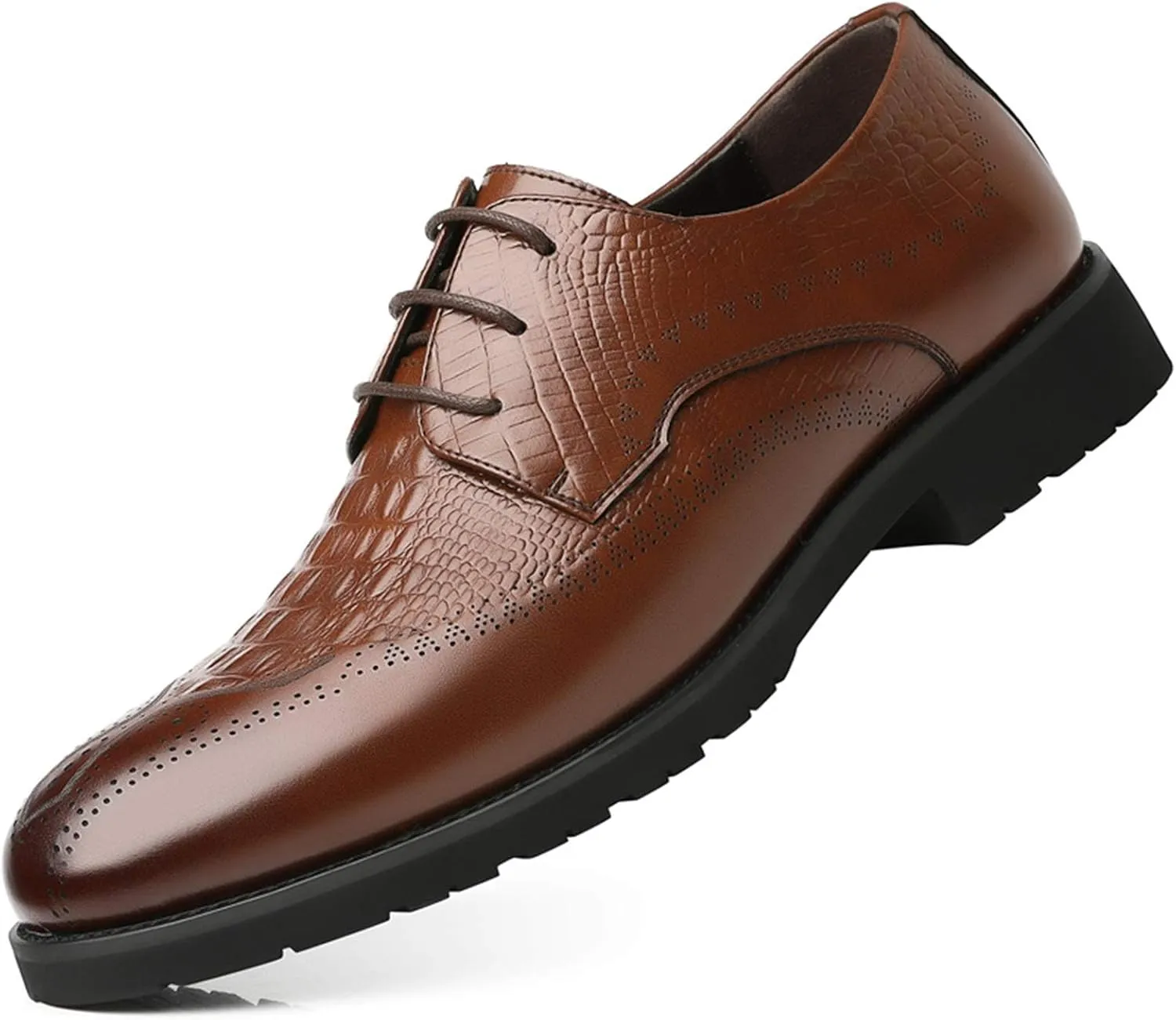 Dress Formal Shoes for Men Lace Up Crocodile Embossed Derby Shoes Brogues Burnish Round Toe Vegan Leather Non Slip Anti-Slip Rubber Sole Wedding