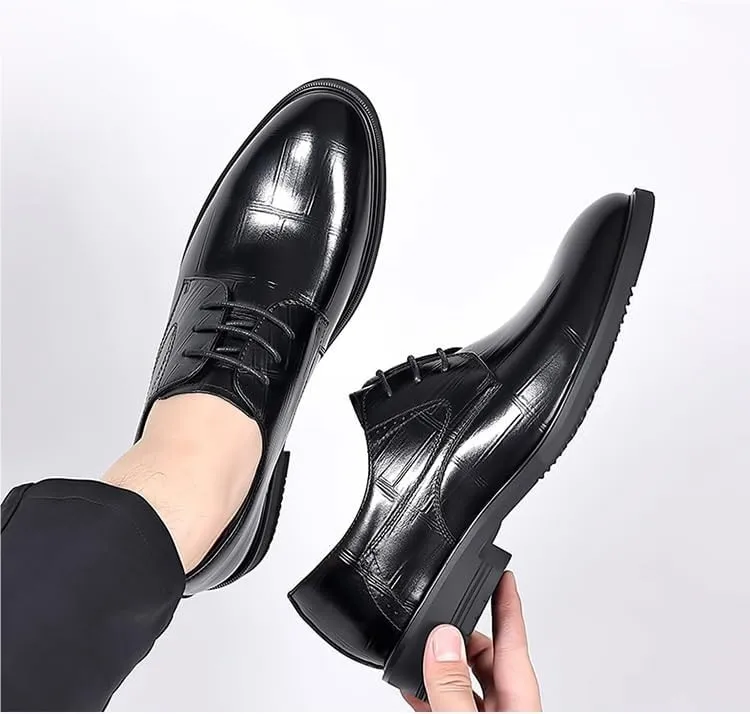Dress Oxford Formal Shoes for Men Lace Up Round Toe Plaid Solid Color PU Leather Derby Shoes Rubber Sole Block Heel Anti-Slip Low Top Non Slip