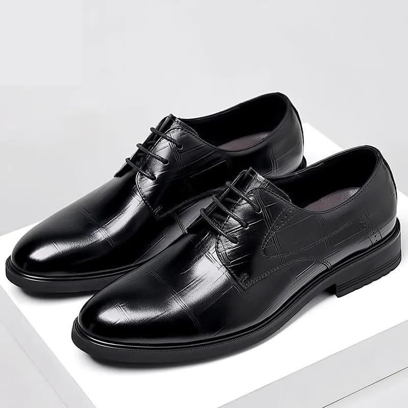 Dress Oxford Formal Shoes for Men Lace Up Round Toe Plaid Solid Color PU Leather Derby Shoes Rubber Sole Block Heel Anti-Slip Low Top Non Slip
