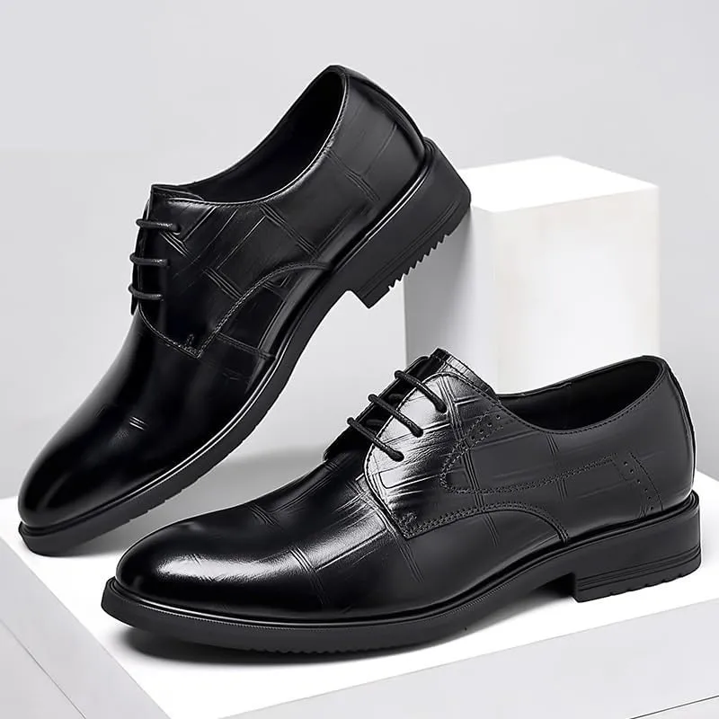 Dress Oxford Formal Shoes for Men Lace Up Round Toe Plaid Solid Color PU Leather Derby Shoes Rubber Sole Block Heel Anti-Slip Low Top Non Slip