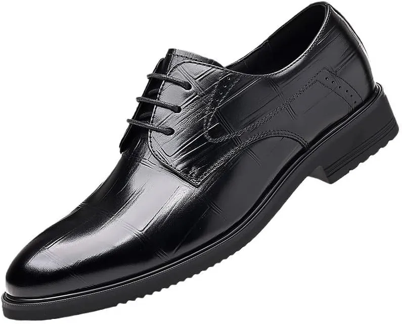 Dress Oxford Formal Shoes for Men Lace Up Round Toe Plaid Solid Color PU Leather Derby Shoes Rubber Sole Block Heel Anti-Slip Low Top Non Slip