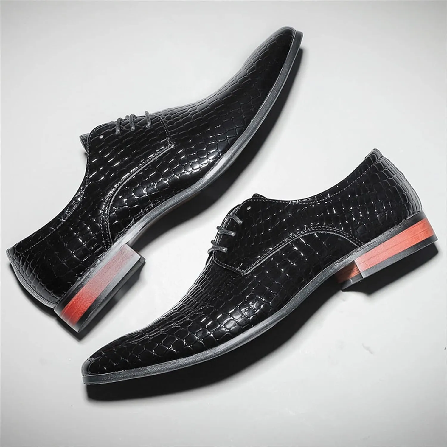 Dress Oxford Shoes for Men Lace Up Crocodile Embossed Derby Shoes Pointed Toe Vegan Leather Non Slip Low Top Anti-Slip Rubber Sole Wedding