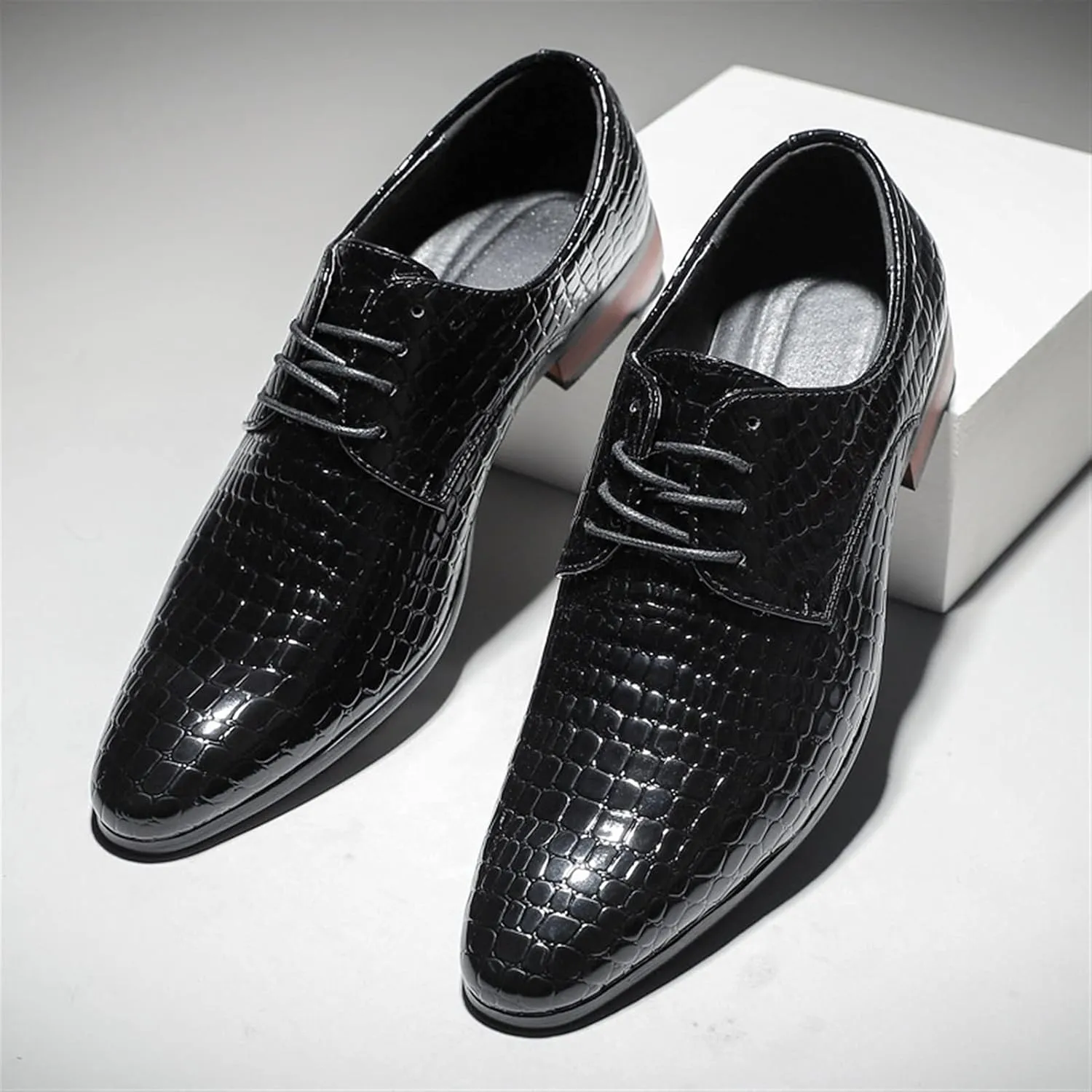 Dress Oxford Shoes for Men Lace Up Crocodile Embossed Derby Shoes Pointed Toe Vegan Leather Non Slip Low Top Anti-Slip Rubber Sole Wedding