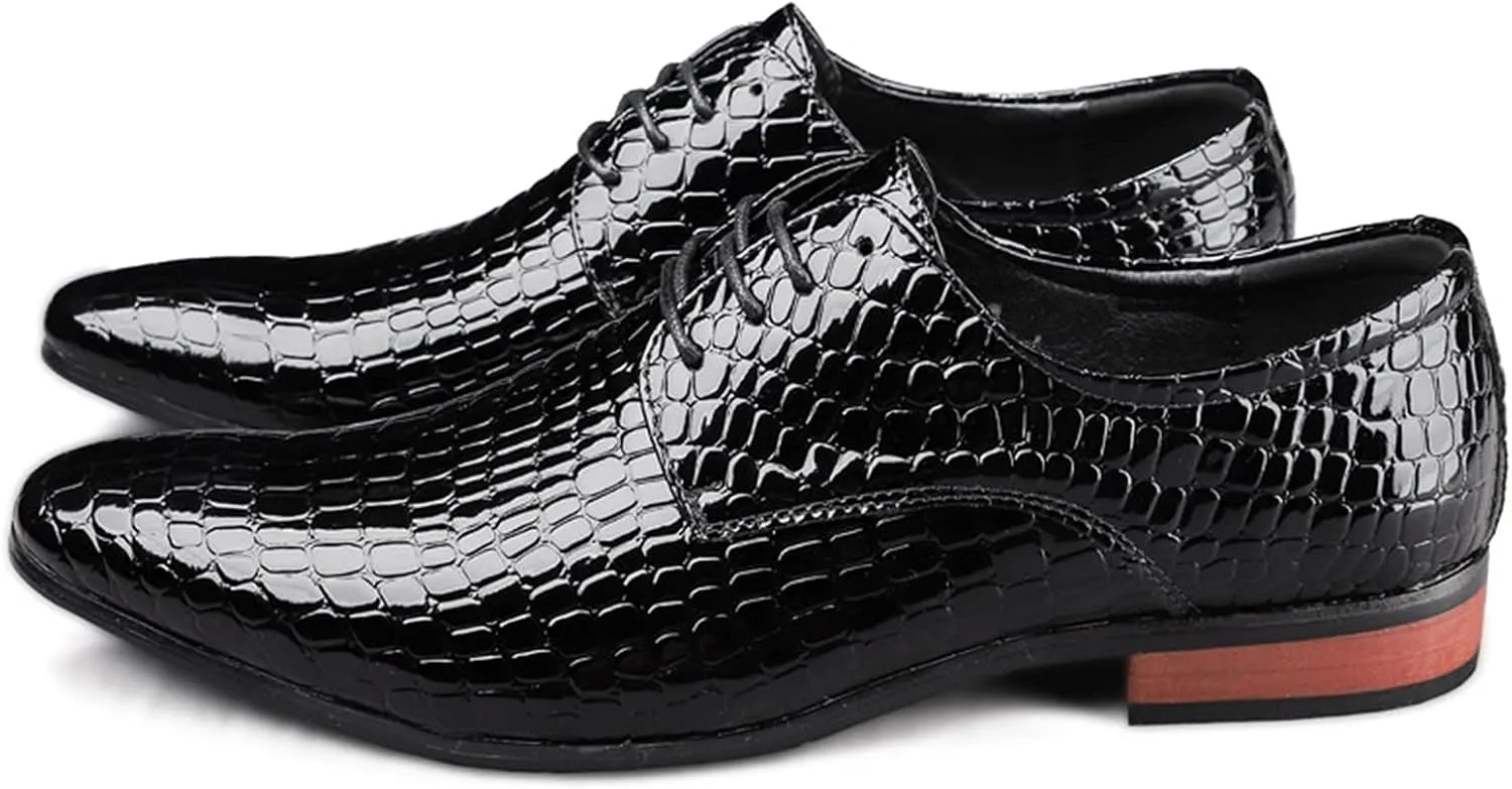 Dress Oxford Shoes for Men Lace Up Crocodile Embossed Derby Shoes Pointed Toe Vegan Leather Non Slip Low Top Anti-Slip Rubber Sole Wedding