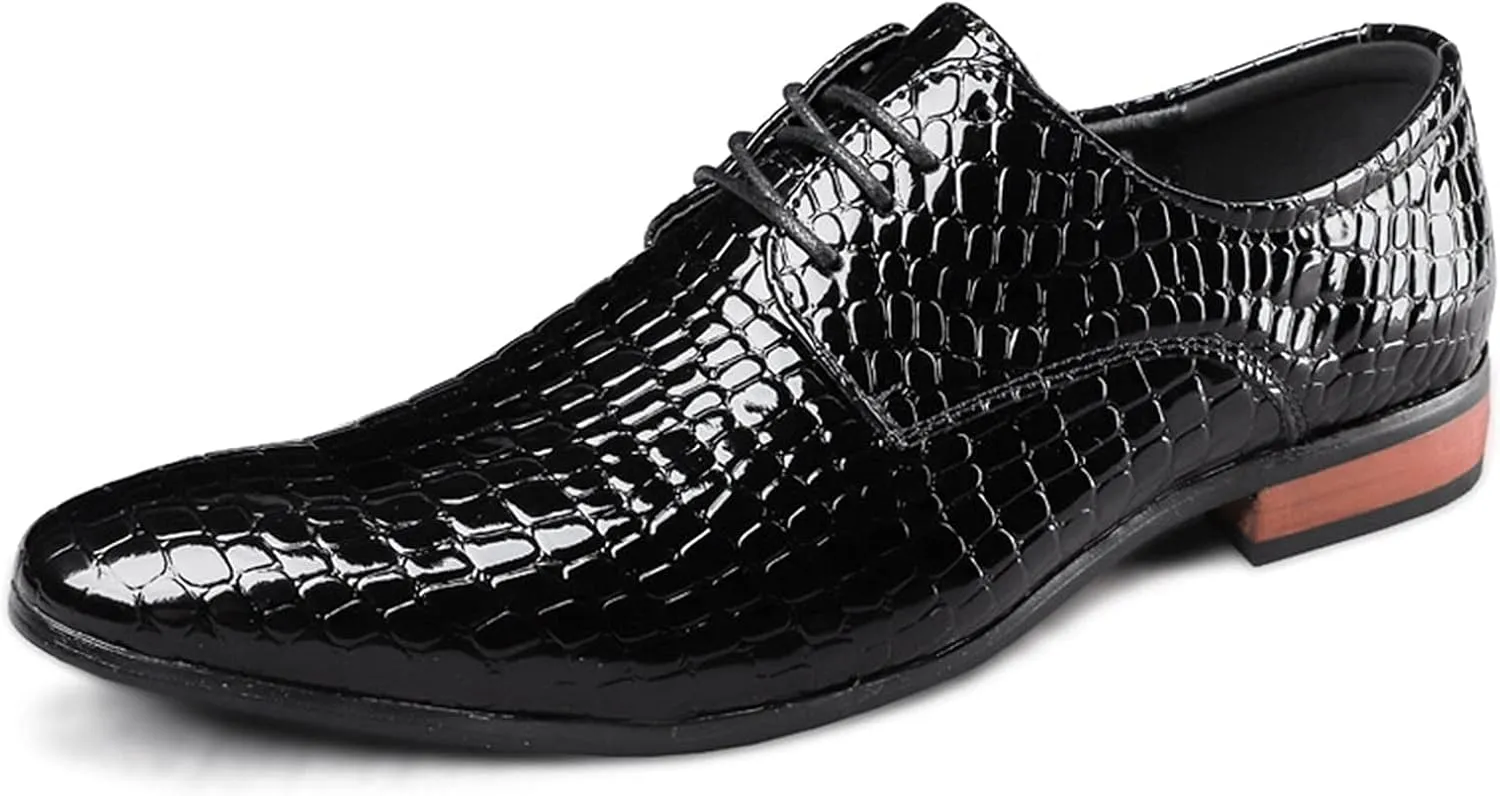 Dress Oxford Shoes for Men Lace Up Crocodile Embossed Derby Shoes Pointed Toe Vegan Leather Non Slip Low Top Anti-Slip Rubber Sole Wedding(Black,10 M US)