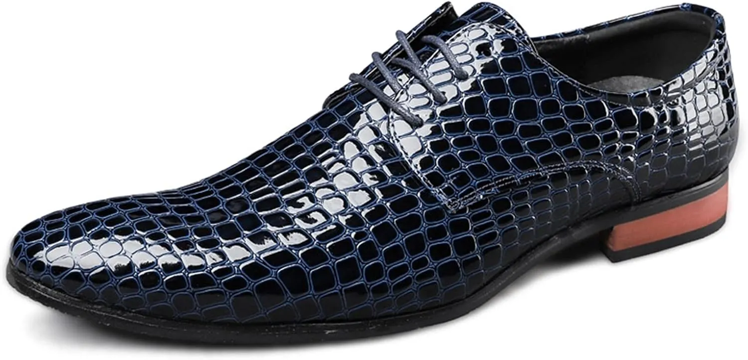 Dress Oxford Shoes for Men Lace Up Crocodile Embossed Derby Shoes Pointed Toe Vegan Leather Non Slip Low Top Anti-Slip Rubber Sole Wedding(Blue,10)