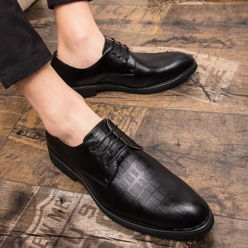 Dress Oxford Shoes for Men Lace Up Pointed Burnished Toe Plaid Print Vegan Leather Derby Shoes Rubber Sole Anti-Slip Non Slip Block Heel Wedding
