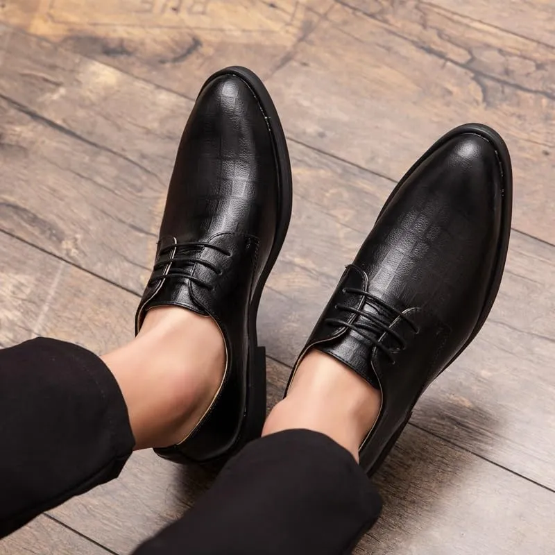 Dress Oxford Shoes for Men Lace Up Pointed Burnished Toe Plaid Print Vegan Leather Derby Shoes Rubber Sole Anti-Slip Non Slip Block Heel Wedding