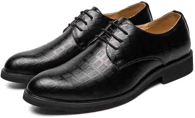Dress Oxford Shoes for Men Lace Up Pointed Burnished Toe Plaid Print Vegan Leather Derby Shoes Rubber Sole Anti-Slip Non Slip Block Heel Wedding