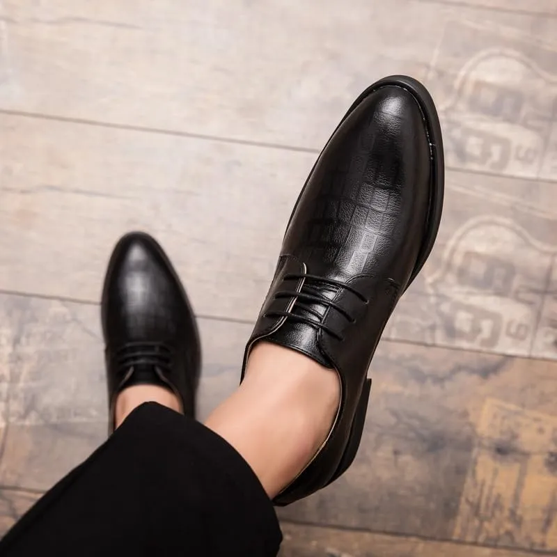 Dress Oxford Shoes for Men Lace Up Pointed Burnished Toe Plaid Print Vegan Leather Derby Shoes Rubber Sole Anti-Slip Non Slip Block Heel Wedding