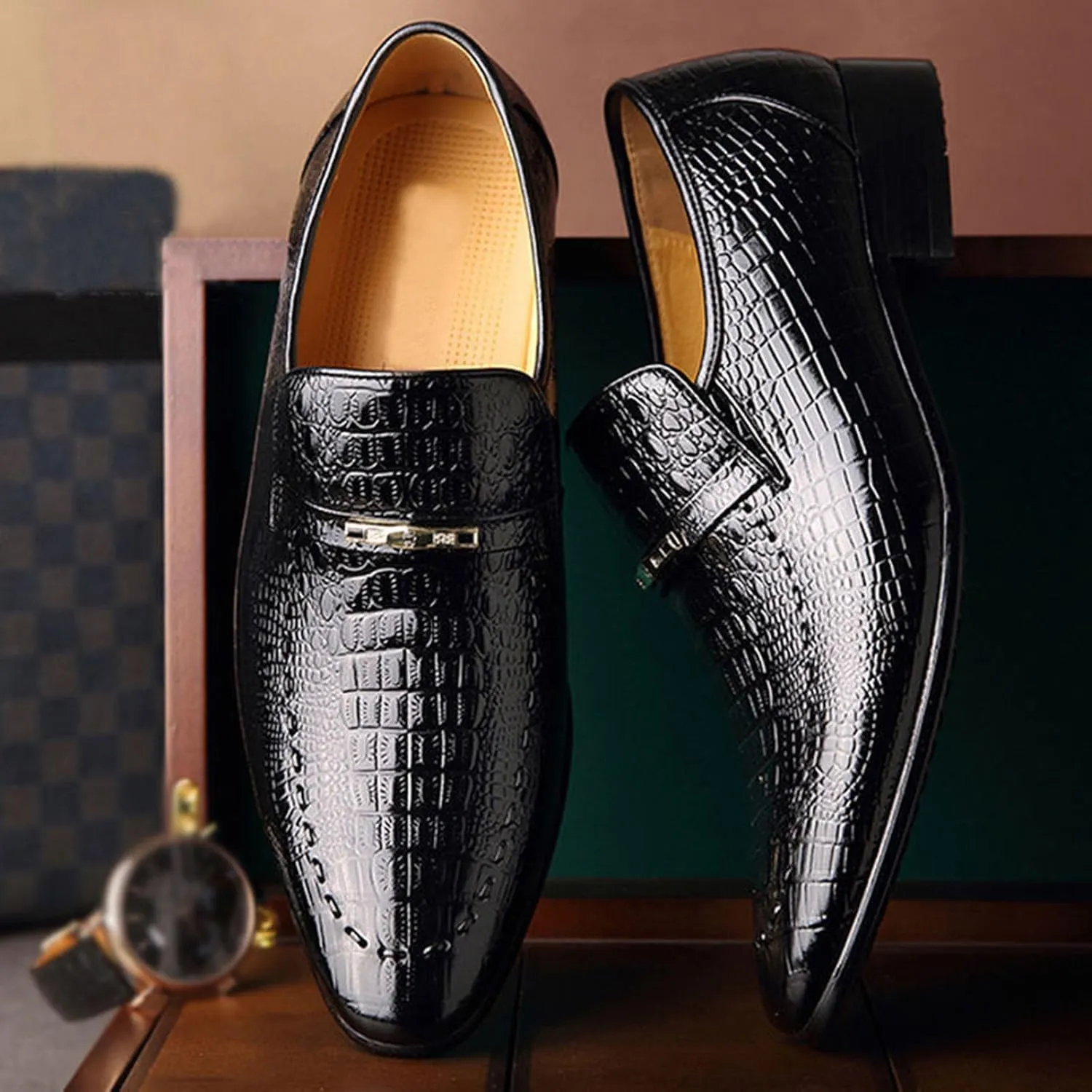 Dress Shoes for Men, Classic Alligator Printed Business Leather Dress Slip on Derby Shoes for Mens
