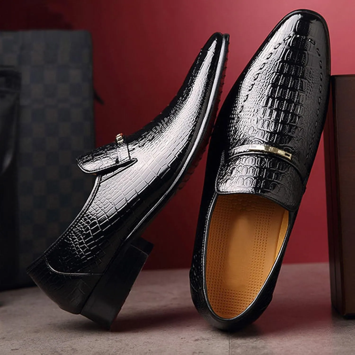 Dress Shoes for Men, Classic Alligator Printed Business Leather Dress Slip on Derby Shoes for Mens