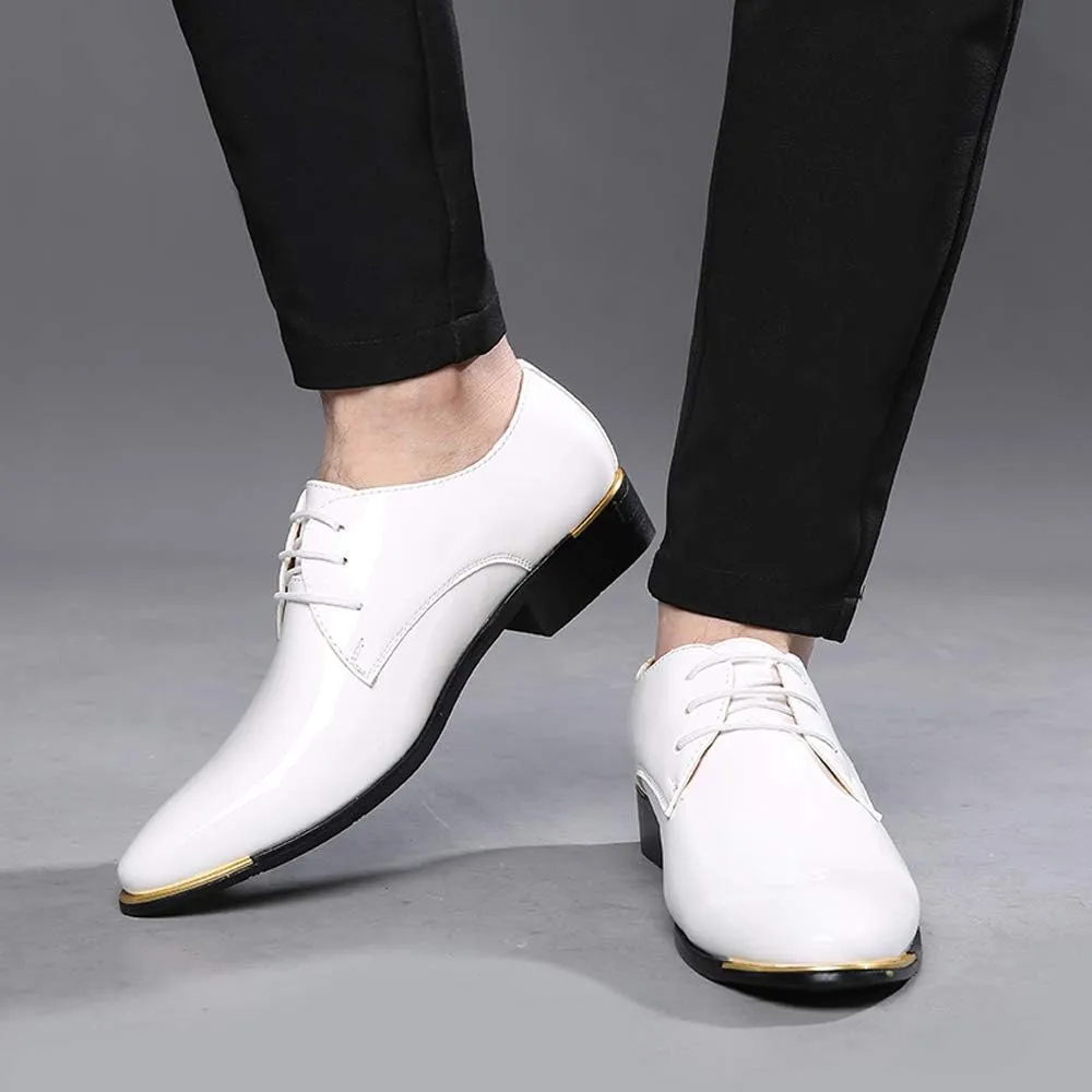 Dress Shoes Men Classic Pointed-Toe Patent Leather Lace-up Formal Oxford Shoes Black Brown Red Grey