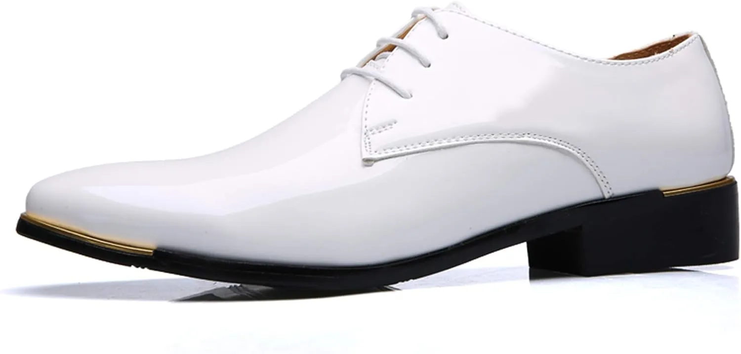 Dress Shoes Men Classic Pointed-Toe Patent Leather Lace-up Formal Oxford Shoes Black Brown Red Grey