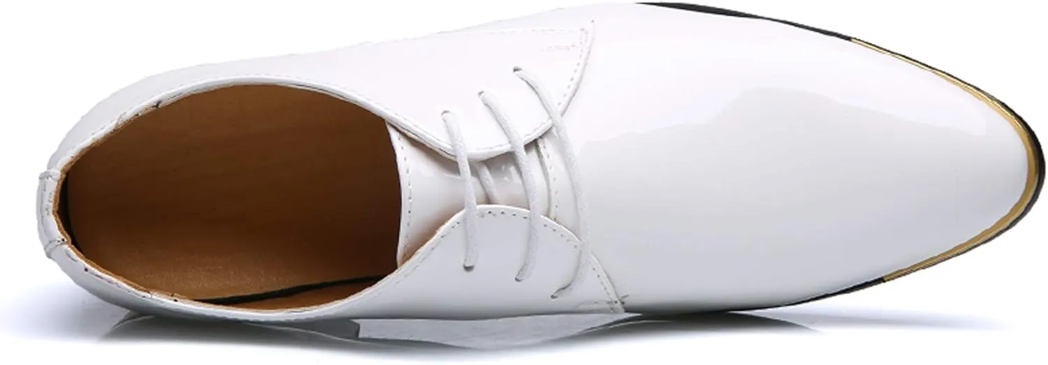 Dress Shoes Men Classic Pointed-Toe Patent Leather Lace-up Formal Oxford Shoes Black Brown Red Grey