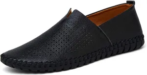 Driving Loafer for Men Casual Shoes Slip on Synthetic Leather Round Toe Solid Color Stitching Rubber Sole Splice Antislip (Perforated Option) (Color : Black, Size : 12 M US)