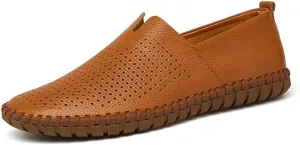 Driving Loafer for Men Casual Shoes Slip on Synthetic Leather Round Toe Solid Color Stitching Rubber Sole Splice Antislip (Perforated Option) (Color : Brown, Size : 9.5 M US)