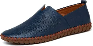 Driving Loafer for Men Casual Shoes Slip on Synthetic Leather Round Toe Solid Color Stitching Rubber Sole Splice Antislip (Perforated Option) (Color : Dark-Blue, Size : 8 M US)