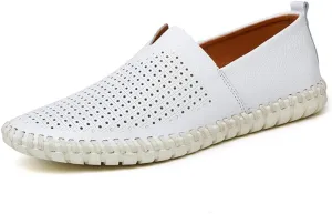 Driving Loafer for Men Casual Shoes Slip on Synthetic Leather Round Toe Solid Color Stitching Rubber Sole Splice Antislip (Perforated Option) (Color : White, Size : 11.5 M US)
