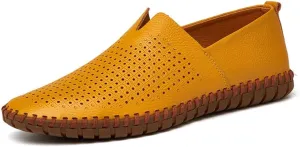 Driving Loafer for Men Casual Shoes Slip on Synthetic Leather Round Toe Solid Color Stitching Rubber Sole Splice Antislip (Perforated Option) (Color : Yellow, Size : 12.5 M US)