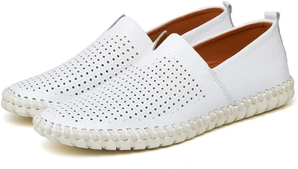 Driving Loafer for Men Casual Shoes Slip on Synthetic Leather Round Toe Solid Color Stitching Rubber Sole Splice Antislip (Perforated Option)