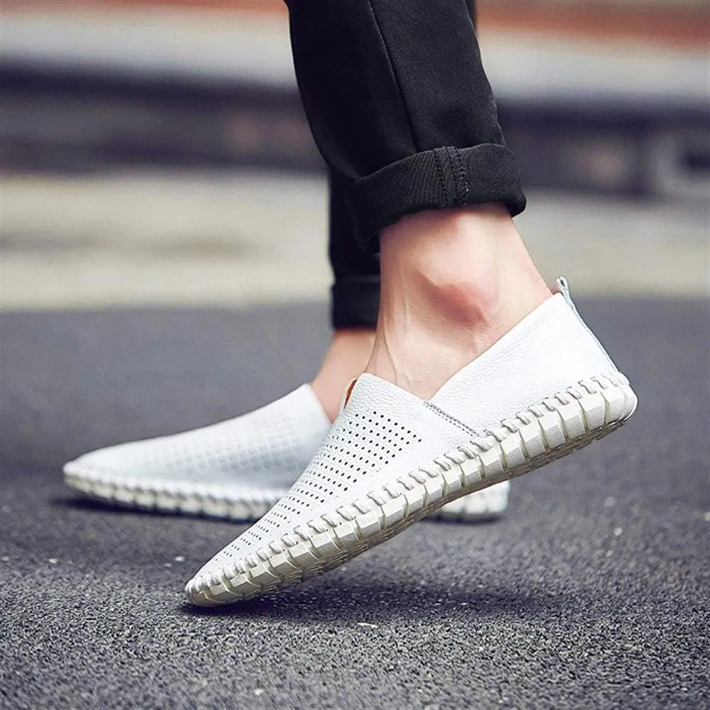 Driving Loafer for Men Casual Shoes Slip on Synthetic Leather Round Toe Solid Color Stitching Rubber Sole Splice Antislip (Perforated Option)