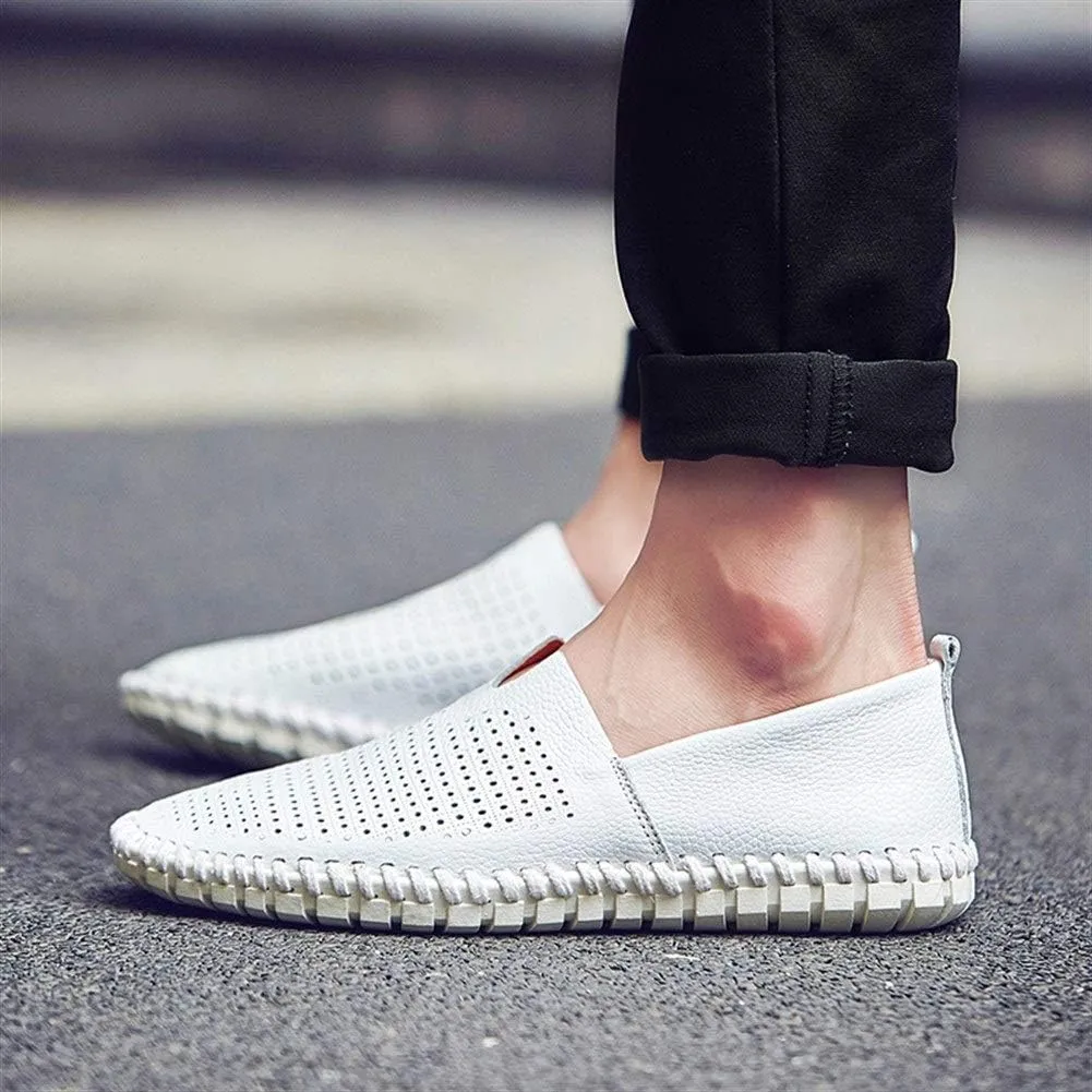 Driving Loafer for Men Casual Shoes Slip on Synthetic Leather Round Toe Solid Color Stitching Rubber Sole Splice Antislip (Perforated Option)
